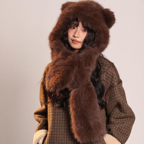 KAHHZA Hooded Scarf Hat Gloves for Women Winter Fur Bear Ears Hat 3 in 1 Plush Animal Hat with Mittens Furry Cute Warm in Saudi Arabia