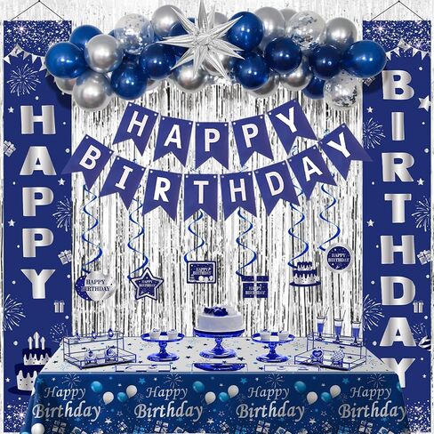 Blue Birthday Decorations for Men Women Boys, Happy Birthday Decorations Navy Blue and Silver, Happy Birthday Banner Balloons Tablecover Fringe Curtain Door Banner, Mens Boy Bday Party Supplies Decor in Kuwait