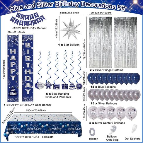 Blue Birthday Decorations for Men Women Boys, Happy Birthday Decorations Navy Blue and Silver, Happy Birthday Banner Balloons Tablecover Fringe Curtain Door Banner, Mens Boy Bday Party Supplies Decor in Kuwait