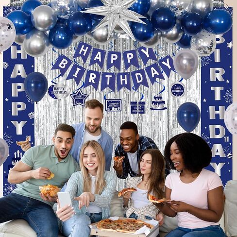 Blue Birthday Decorations for Men Women Boys, Happy Birthday Decorations Navy Blue and Silver, Happy Birthday Banner Balloons Tablecover Fringe Curtain Door Banner, Mens Boy Bday Party Supplies Decor in Kuwait