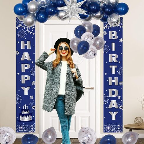 Blue Birthday Decorations for Men Women Boys, Happy Birthday Decorations Navy Blue and Silver, Happy Birthday Banner Balloons Tablecover Fringe Curtain Door Banner, Mens Boy Bday Party Supplies Decor in Kuwait