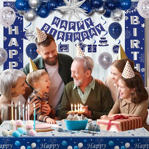 Blue Birthday Decorations for Men Women Boys, Happy Birthday Decorations Navy Blue and Silver, Happy Birthday Banner Balloons Tablecover Fringe Curtain Door Banner, Mens Boy Bday Party Supplies Decor in Kuwait
