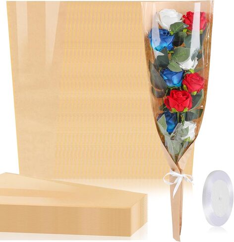 KIMOBER 50PCS Flower Bouquet Bag,Clear Cellophane Floral Bouquet Sleeve Flower Wrapping Paper Bag with Ribbon for Flower Craft Birhtday Wedding Valentine's Day Mother's Day (22 * 14 Inches) in Saudi Arabia