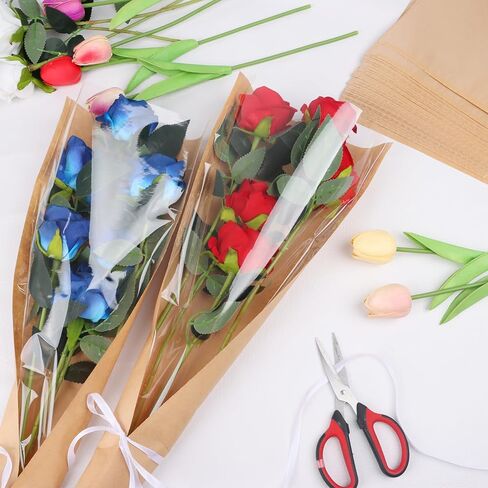 KIMOBER 50PCS Flower Bouquet Bag,Clear Cellophane Floral Bouquet Sleeve Flower Wrapping Paper Bag with Ribbon for Flower Craft Birhtday Wedding Valentine's Day Mother's Day (22 * 14 Inches) in Saudi Arabia