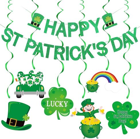 Green Glitter Happy St Patricks Day Banner and Shamrock Hanging Swirls for Happy Saint Patricks Day Banner Decorations in Saudi Arabia