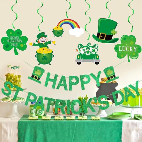 Green Glitter Happy St Patricks Day Banner and Shamrock Hanging Swirls for Happy Saint Patricks Day Banner Decorations in Saudi Arabia