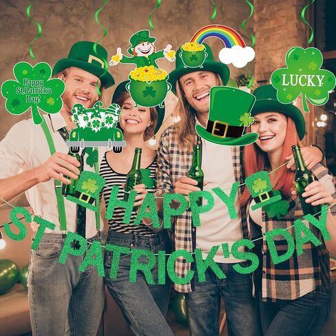 Green Glitter Happy St Patricks Day Banner and Shamrock Hanging Swirls for Happy Saint Patricks Day Banner Decorations in Saudi Arabia