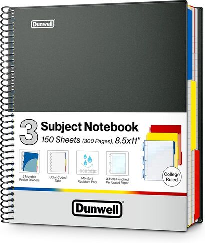 Dunwell 3-Subject Notebook College Ruled 8.5 x 11 (Black), 150 Sheets (300 Pages), Spiral Notebook 8.5x11 with Tabs, Movable Dividers, Storage Pockets, Protective Plastic Covers in Saudi Arabia