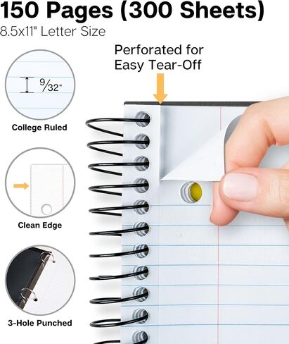 Dunwell 3-Subject Notebook College Ruled 8.5 x 11 (Black), 150 Sheets (300 Pages), Spiral Notebook 8.5x11 with Tabs, Movable Dividers, Storage Pockets, Protective Plastic Covers in Saudi Arabia