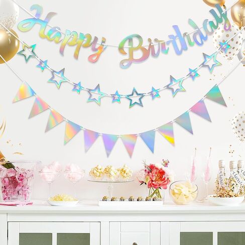 Canrevel 3 PCS Iridescent Happy Birants ، Agching Star Garland و Banner Banner Flags ، زخارف الحفلات القزحية الفوار ، لوازم الحفلات القزحية للنساء للنساء الأولاد البالغين in Kuwait