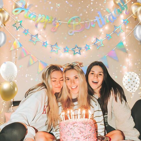 Canrevel 3 PCS Iridescent Happy Birants ، Agching Star Garland و Banner Banner Flags ، زخارف الحفلات القزحية الفوار ، لوازم الحفلات القزحية للنساء للنساء الأولاد البالغين in Kuwait