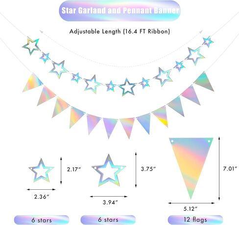 Canrevel 3 PCS Iridescent Happy Birants ، Agching Star Garland و Banner Banner Flags ، زخارف الحفلات القزحية الفوار ، لوازم الحفلات القزحية للنساء للنساء الأولاد البالغين in Kuwait