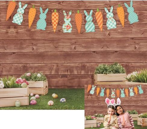 Happy Easter Backdrop Spring Rabbit Carrot Green Grass Eggs Baby Shower Backdrop Brown Wooden Wall Easter Party Decoration (7x5ft) in Saudi Arabia