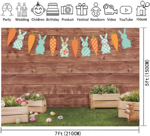 Happy Easter Backdrop Spring Rabbit Carrot Green Grass Eggs Baby Shower Backdrop Brown Wooden Wall Easter Party Decoration (7x5ft) in Saudi Arabia