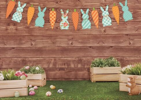 Happy Easter Backdrop Spring Rabbit Carrot Green Grass Eggs Baby Shower Backdrop Brown Wooden Wall Easter Party Decoration (7x5ft) in Saudi Arabia