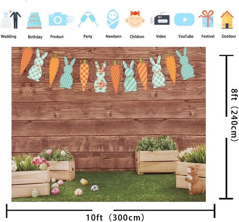 Happy Easter Backdrop Spring Rabbit Carrot Green Grass Eggs Baby Shower Backdrop Brown Wooden Wall Easter Party Decoration (7x5ft) in Saudi Arabia
