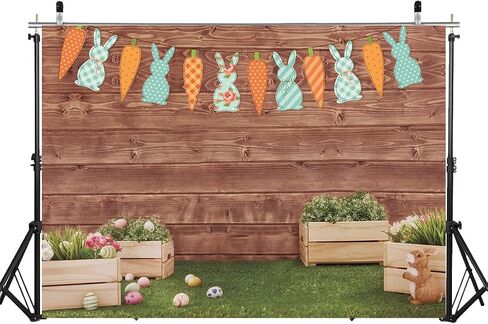 Happy Easter Backdrop Spring Rabbit Carrot Green Grass Eggs Baby Shower Backdrop Brown Wooden Wall Easter Party Decoration (7x5ft) in Saudi Arabia