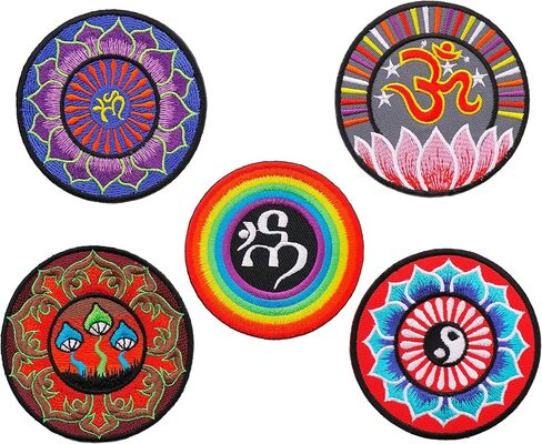 Aum Hindu Symbol Iron on Patch Yoga Lotus Yin Yang Flower Novelty Om Ohm Patch Sign Retro Lucky India (Color 2) in Saudi Arabia