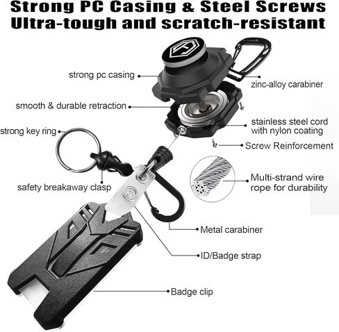 bolimoss Badge Holder Retractable Clip A-Z Letter Heavy Duty Carabiner Keychain with ID Cards Holder Cool Tactical ID Holder with 32" Retractable Badge Reel, Key Ring, G in Kuwait