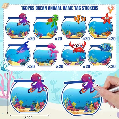 Whaline 160pcs Ocean موضوع العلامة ملصقات العلامة Sean Summer Summer Flant Flant Luday Under the Sea Mixed Fish Self-Desive Label Lable Lable Offic in Kuwait