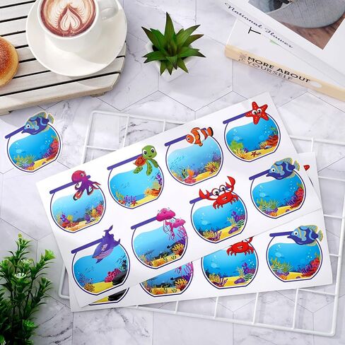 Whaline 160pcs Ocean موضوع العلامة ملصقات العلامة Sean Summer Summer Flant Flant Luday Under the Sea Mixed Fish Self-Desive Label Lable Lable Offic in Kuwait