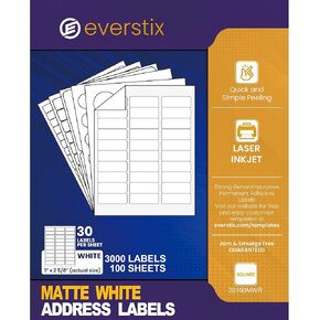 1" x 2-5/8", 100 Sheets, 3000 Mailing Address Labels, White Sticker Labels for Laser & Inkjet Printers, Permanent Adhesive