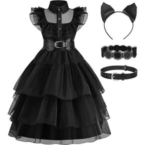 Grils Black Dress Costume, Dance Princess Dress for Kids Family Halloween School Cosplay Party 4-12Y