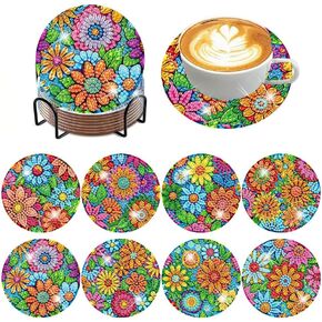 ijbnhd 8 Pcs Flowers Diamond Art Coasters with Holder-DIY Flowers Diamond Painting Coasters 5D Flowers Diamond Art Coaster with Cork Pads for Adults for Holiday Gift