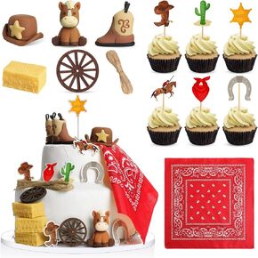 28 Pcs Cowboy Cake Decorations with Brown Cowboy Hat and Boot Horse Toy Cake Topper Paisley Bandana Hay Bales Wheel Cupcake Toppers for Western Theme Birthday Shower Party