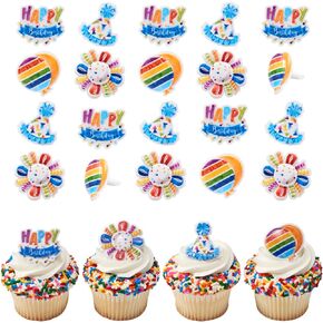 DecoPac Happy Birthday Rings, 24 Cupcake Toppers Featuring Multi-Colored Balloons, Party Hats, Streamers, Bright Colors - 24 Pack