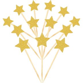26 Pcs Gold Star Cupcake Toppers, Glitter Twinkle Star Toothpicks, Star Cupcake Toppers Sticks for Wedding Engagement Bridal Shower Birthday Party Mixed Size