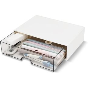 Desk Organizer Drawer, Clear Plastic Desk Storage Box, Desktop Organization for Office Supplies, Gel Pens, Pencils, Markers, Tape, Erasers, Paperclips, Chargers (White)