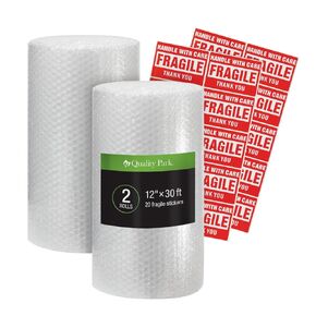 Quality Park Cushion Wrap Rolls, Durable 30-Foot Protective Packaging for Fragile Items, Moving, and Shipping Supplies, 20 "Fragile" Stickers Included, 12" x 30', Clear, 2 Rolls Per Pack (1009990)