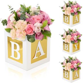 4 Pcs Baby Shower Flower Boxes Table Centerpieces Decoration Gold Baby Block Floral Holder Centerpiece Baby In Bloom Gender Reveal Birthday Party Decors Table Display Its A Girl Its A Boy
