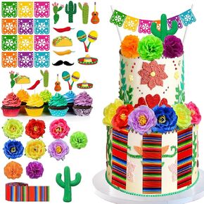 33 PCS Mexican Fiesta Cake Topper Mini Mexican Papel Picado Banner Cactus Pepper Sombrero and Flower Cake Decor for Mexican Themed Party Decorations