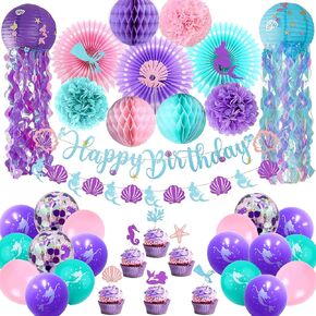 Ouddy Life Mermaid Birthday Party Decorations, 48Pcs Happy Birthday Banner Jellyfish Lantern Cake Topper Mermaid Balloons for Little Mermaid Theme Birthday Baby Shower Ocean Party Supplies Favors Girl