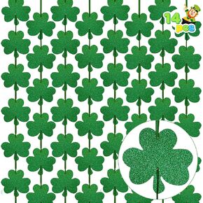 JOYIN 14 Pcs St Patrick Shamrock Hanging Decorations, Green Ornaments Garland Cutouts, Hanging Irish Clover Banners for St. Patrick Themed Party Decoration Supply