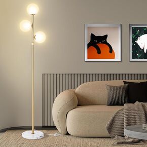 3-Globe Mid Century Modern Floor Lamps for Living Room, Adjustable Height Standing Lamp with Marble Base, Gold Tall Lamp with Frosted Glass Shades, Pole Lamps for Bedroom, Bulbs Included