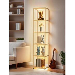 MANBUR Display Shelf with Dimmable LED Floor Lamp, Display Cabinet with Glass Bookcase, Home Decor, Bedroom Decor, Bookshelf with Light, Open Book Shelf with 6-Tier Shelf for Living Room Decor Gold