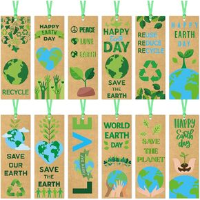 Haooryx Earth Day Prizes Bookmark - 240Pcs Save The Earth Recycle Kraft Paper Bookmark Ribbon Green Leaf Ocean Book Mark Student Reward School Prizes Educational Environmental Protection Activity Gift