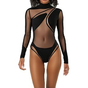 MAINESAKA Women's Rave Outfits Long Sleeve Cutout Neon Bodysuit Mock Neck Mesh Shrug Crop Top for Festival Club Party