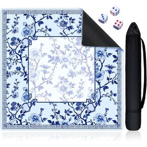 Chinoiserie Mahjong Mat with 1 Carrying Bag 31.5" x 31.5" Blue and White Rubber Anti Slip and Noise Reduction Multi Purpose Game Table Cover for Mah Jongg, Card, Board Tile Games