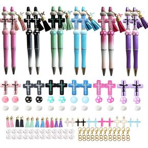 Cross Themed Beadable Pens Bulk Bead Pens with Assorted Colors Beads Pen DIY Making Kit Multicolor Ballpoint Pen Black Ink for Women Office School