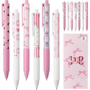 12 Pcs Pink Bow Pens Cute Coquette Bow Ribbon Retractable Decorative 0.5 mm Black Gel Ink Coquette Aesthetic Ballpoint Pens for Pink Bow Party Favors Office Supplies