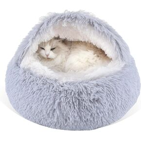 Gavenia Cat Bed Round Fluffy Hooded Cat Bed Cave with Non-collapsed Plush Cover,Cat Bed Donut for Indoor Cats,Calming Dog Beds&Cat,Anti-Slip&Waterproof Bottom,Washable Bed,20inch,Grey