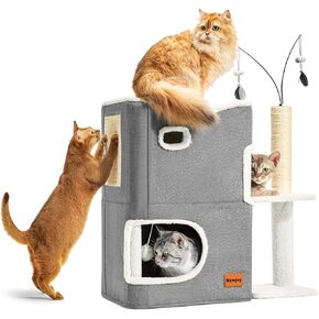 Cat House Beds for Indoor Cats Adults Bed Tower with Scratching Post and Hideaway Cat Condo Cave and Cat Toys for Multi Pets Kitten Large Cats Grey