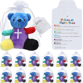 12 Sets Color of Faith Stuffed Bears 4.2'' Easter Religious Mini Plush Bears Christian VBS Sunday School Craft Gifts Rainbow Bible Verse for Baptism Easter Party Favor Gifts Box Stuffers