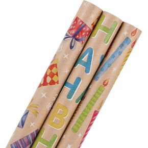 WRAP STORM Happy Birthday Gift Wrapping Paper - 3 Mini Rolls 17" x 120" - Brown Kraft Wrap Paper Roll for Kids, Boys and Girls