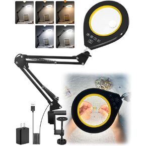 Lighted Magnifying Glass, 10X & 5X Magnifying Glass with Light, Dimmable Magnifier with Lamp, Adjustable 10 Level Brightness and 5 Color Mode Desk Lamp with Clamp for Craft Painting Workbench (White)