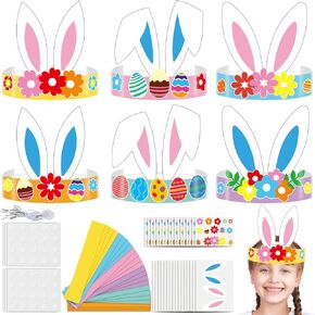 Lonfliness 24 Sets Easter Bunny Ears Headbands Craft Kits DIY Spring Bunny Paper Hat Rabbit Crown with Easter Egg Flower Cutouts Art Craft Set for Kid Holiday Party Favor School Home Egg Hunt Activity